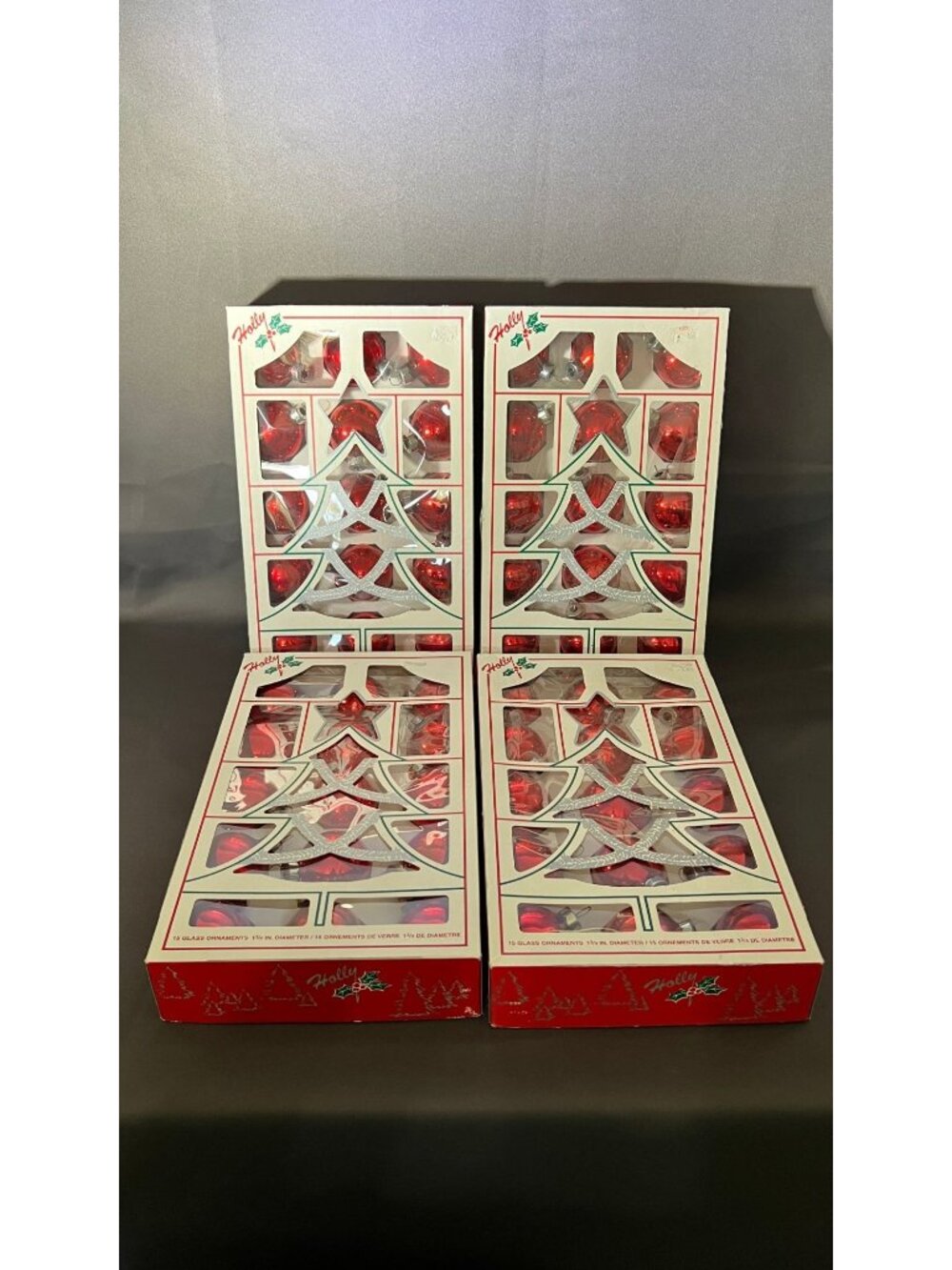 Vintage Holly 15 Red Glass Christmas Ornaments 1 3/4" Tree Set X4